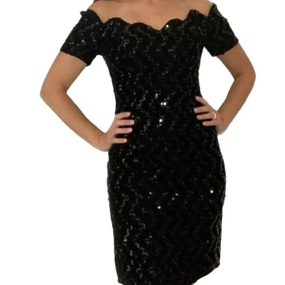 Vintage Zum Zum Black Dress Size Small Velvet Sequin Metallic Short Sleeves